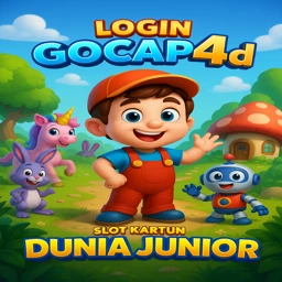 Karakter kartun anak kecil, robot lucu, kelinci, dan unicorn di dunia fantasi ceria, menggambarkan tema Slot Kartun Dunia Junior dari Login Gocap4d.